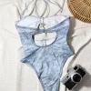 Denim Blue Halter Style One-Piece Swimsuit Private Label Swimwear Manufacturers