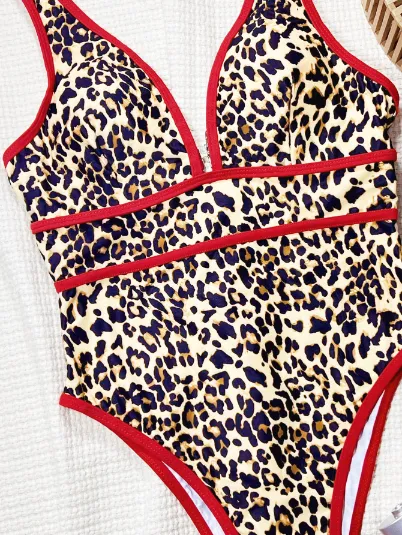 Leopard Print Deep V One Piece Swimsuit Private Label Swimwear Sexy Bikini Manufacturers