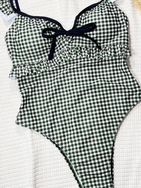 Black&White Plaid One Piece Swimsuit Wholesale Swimwear Manufacturers Bow Bikini