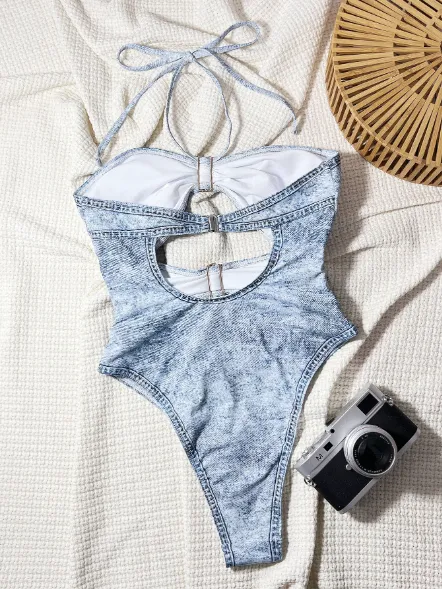 Denim Blue Halter Style One-Piece Swimsuit Private Label Swimwear Manufacturers