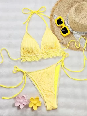 New Solid Color Ruffled Two Piece Swimsuit Beach Bikini Sets Manufacturers