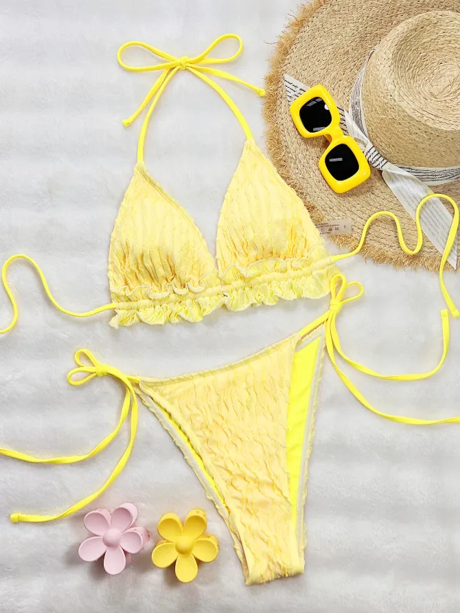 New Solid Color Ruffled Two Piece Swimsuit Beach Bikini Sets Manufacturers