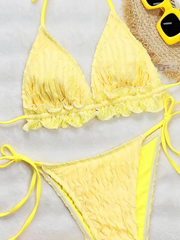 New Solid Color Ruffled Two Piece Swimsuit Beach Bikini Sets Manufacturers