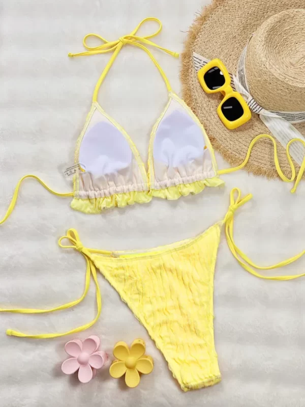 New Solid Color Ruffled Two Piece Swimsuit Beach Bikini Sets Manufacturers