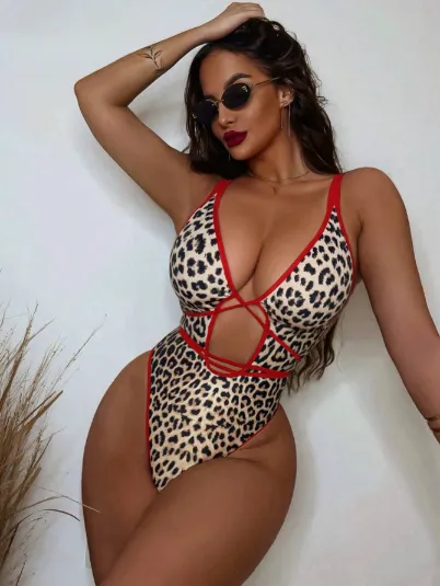 Leopard Print Cross One Piece Swimsuit Private Label Swimwear Sexy Bikini Manufacturers