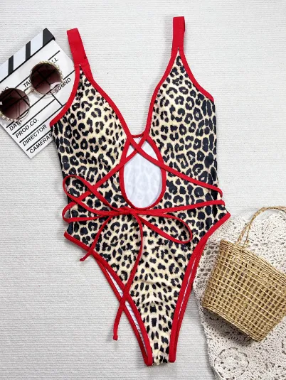 Leopard Print Cross One Piece Swimsuit Private Label Swimwear Sexy Bikini Manufacturers