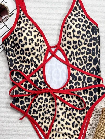 Leopard Print Cross One Piece Swimsuit Private Label Swimwear Sexy Bikini Manufacturers