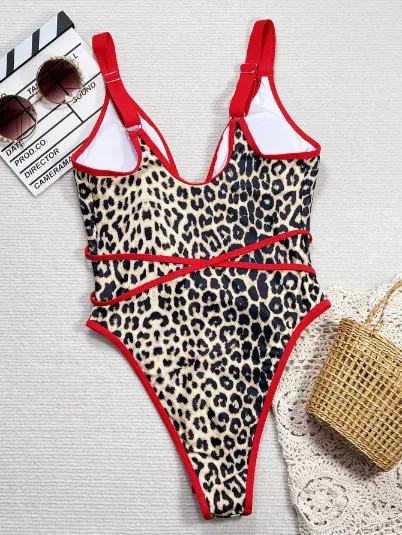 Leopard Print Cross One Piece Swimsuit Private Label Swimwear Sexy Bikini Manufacturers