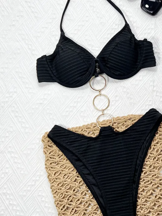 Three-button Metal Ring Two Piece Swimsuit Triangle Sexy Bikini Set