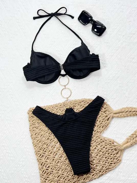 Three-button Metal Ring Two Piece Swimsuit Triangle Sexy Bikini Set